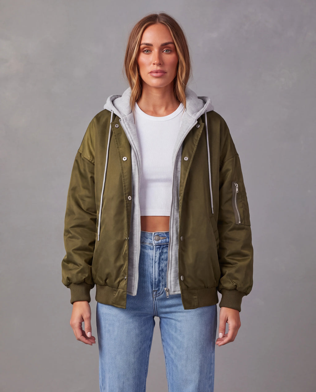 Campus Oversized Hooded Bomber Jacket for Women