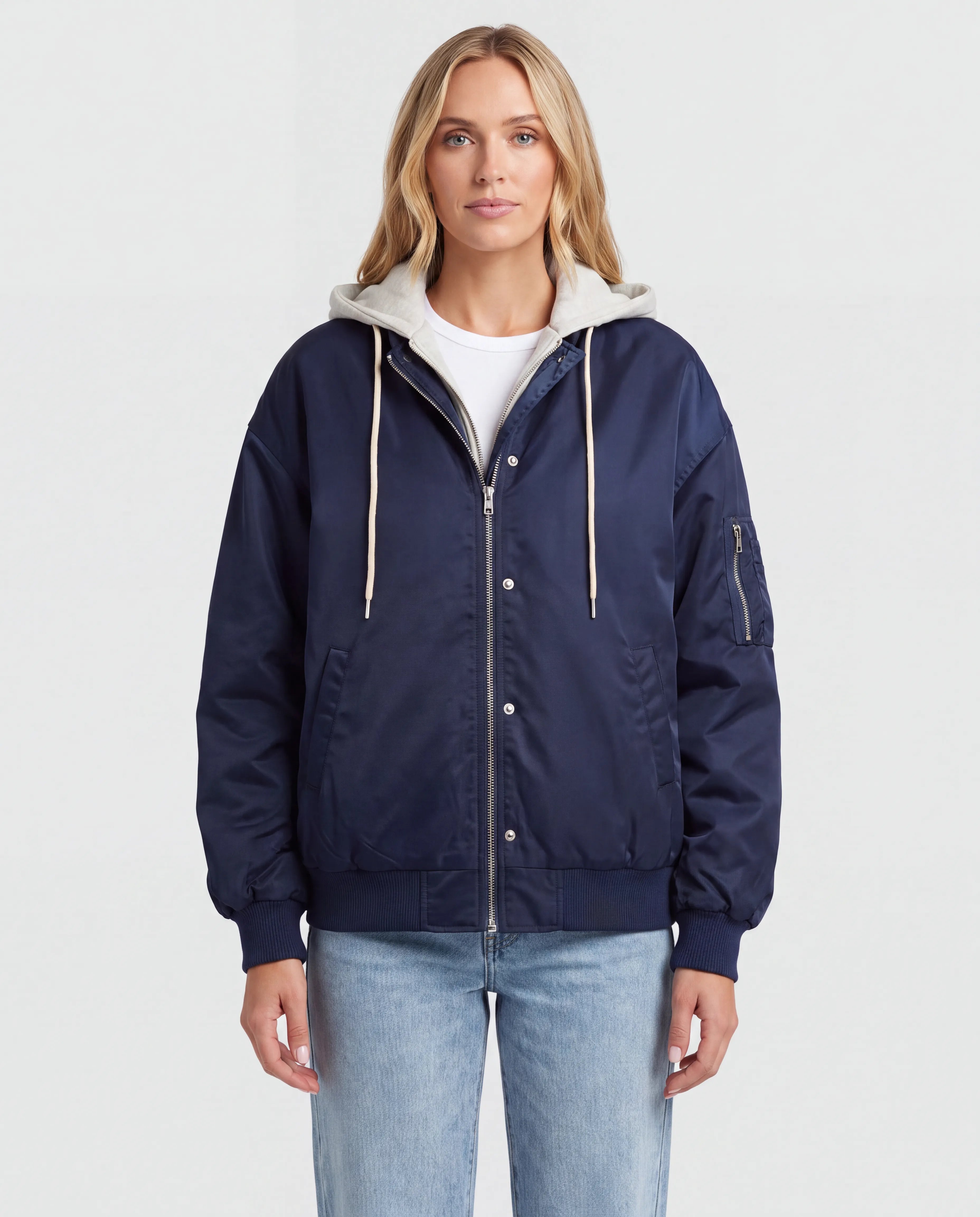Campus Oversized Hooded Bomber Jacket for Women