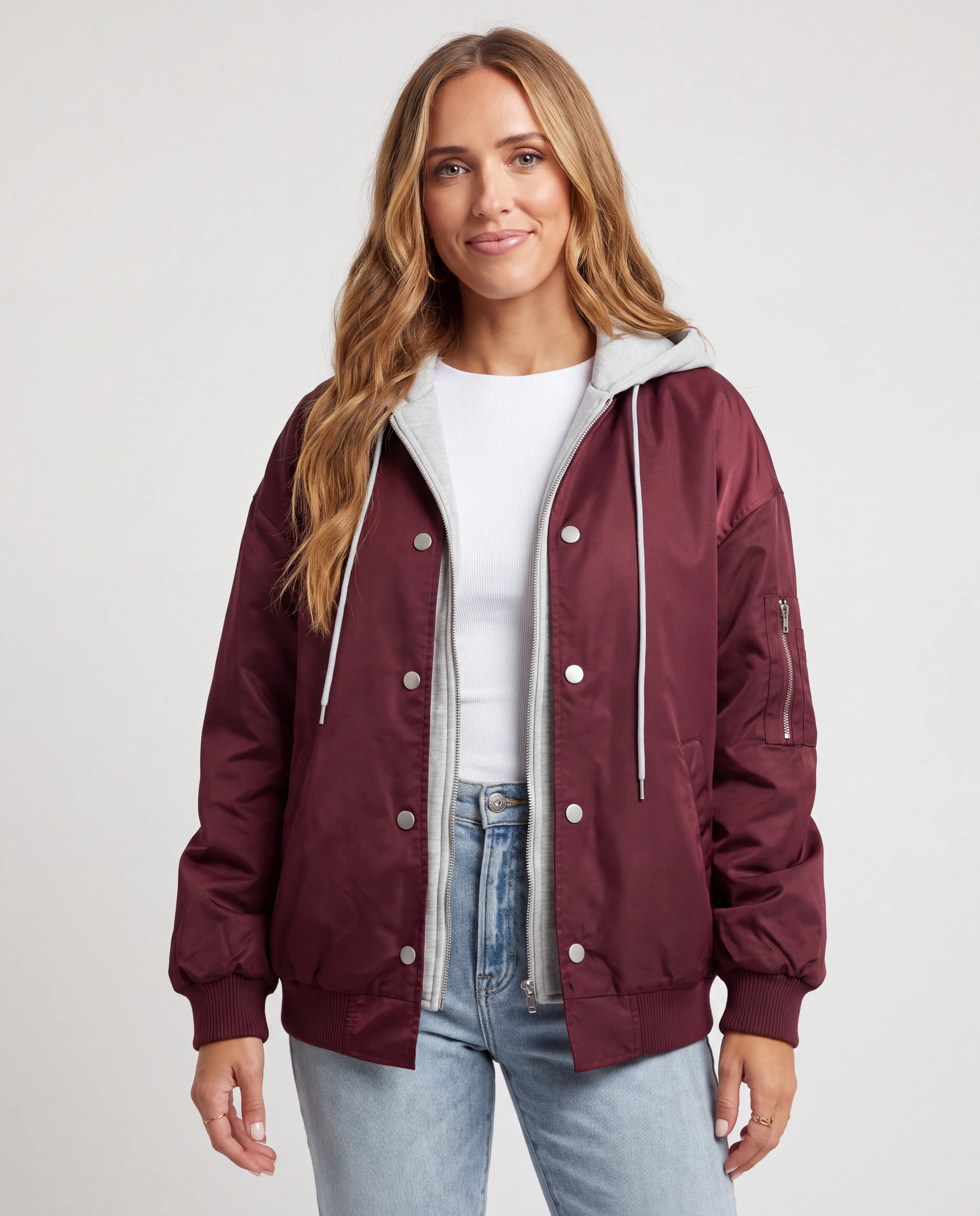 Campus Oversized Hooded Bomber Jacket for Women