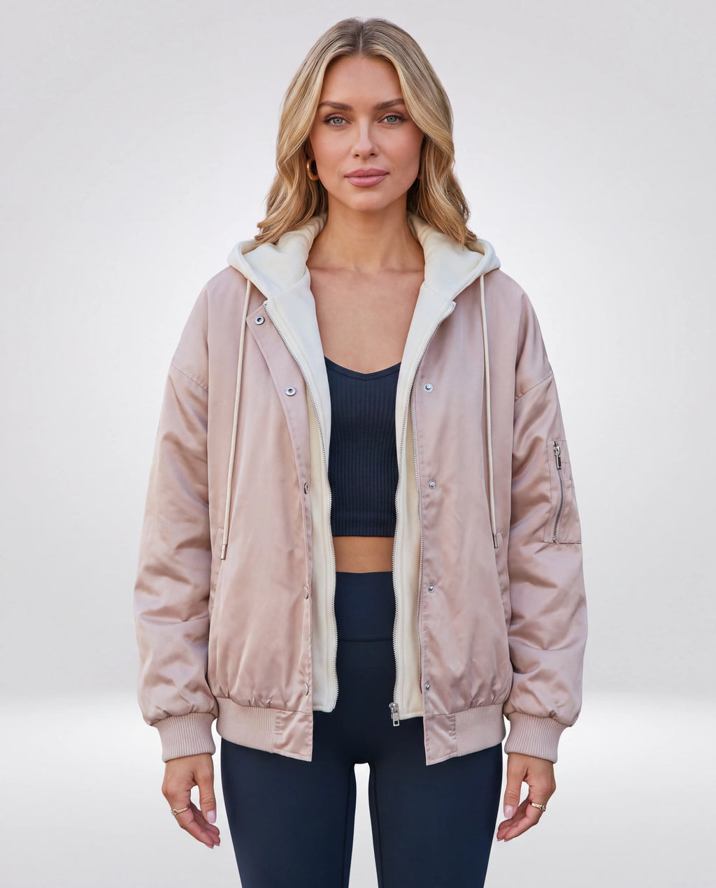 Campus Oversized Hooded Bomber Jacket for Women