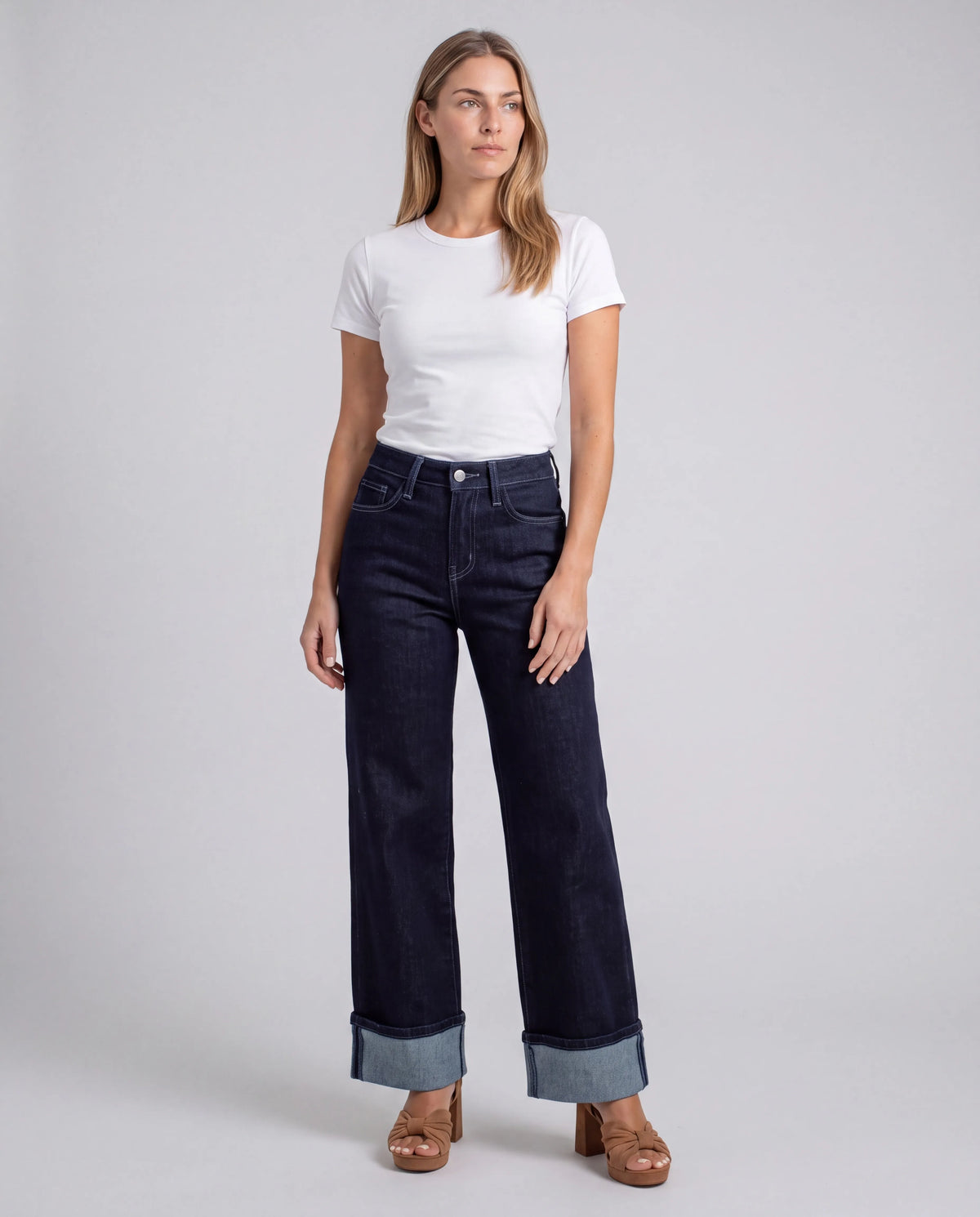 Ainsley High-Rise Wide-Leg Cuffed Jeans – Dark Wash, front view