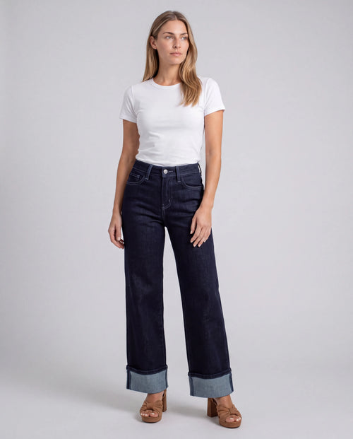 Ainsley High-Rise Wide-Leg Cuffed Jeans – Dark Wash, front view