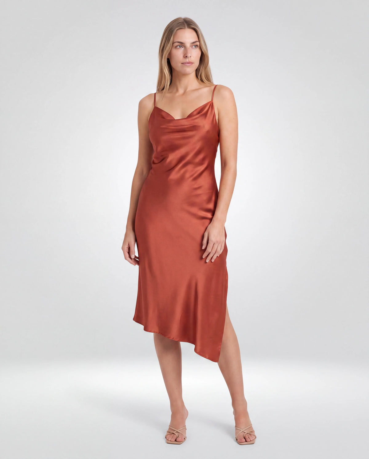 Amara Cowl-Neck Midi Dress – Rust, front view