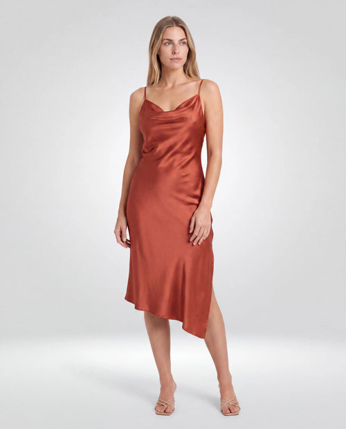 Amara Cowl-Neck Midi Dress – Rust, front view