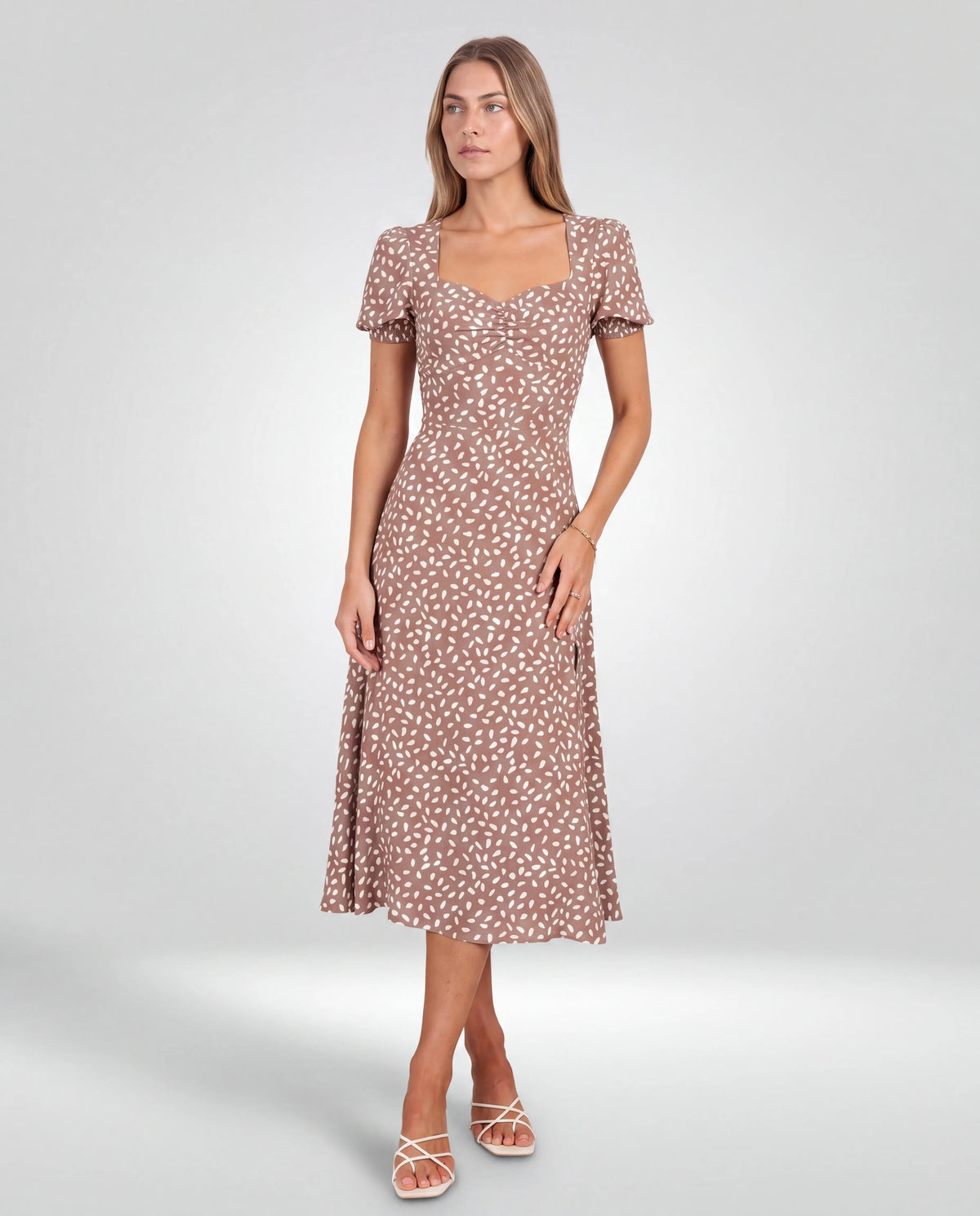 Rosalie Ruched Midi Dress – Mocha, front view