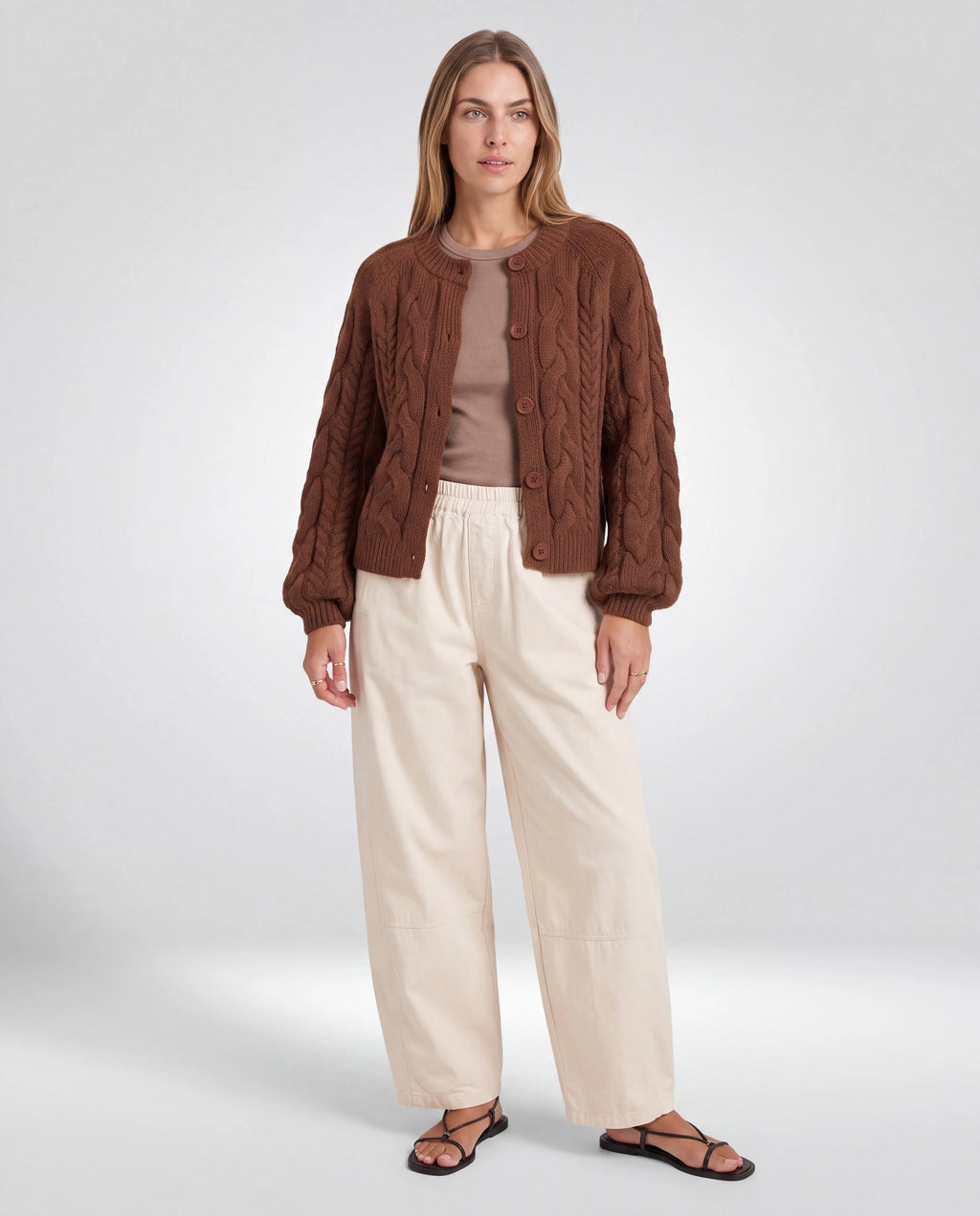 Lennox Cable-Knit Cardigan – Brown, front view