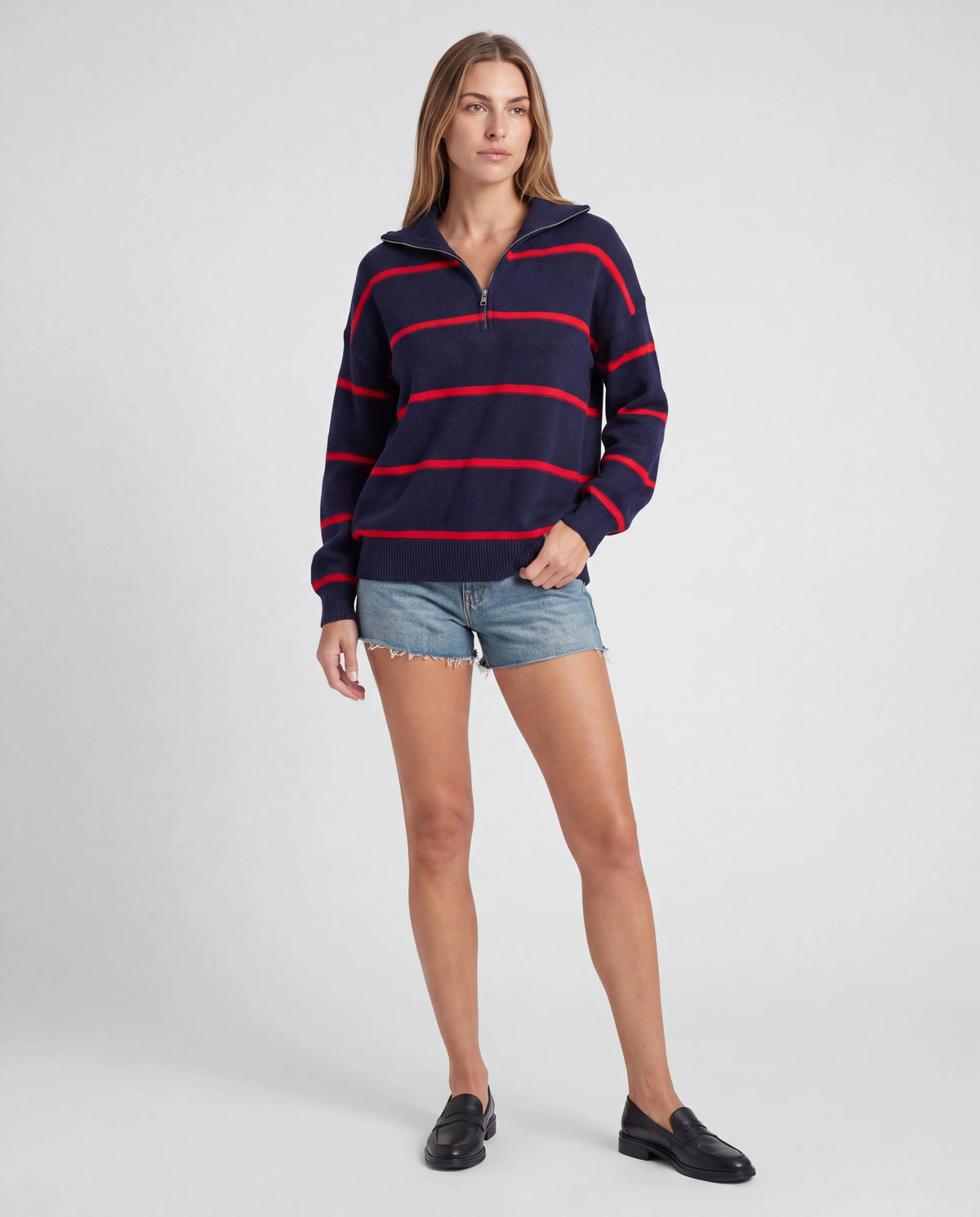 Ellis Striped Quarter-Zip Jumper – Navy & Red, front view