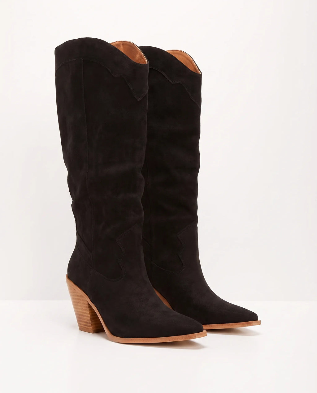 Whitmore Faux Suede Heeled Boots, in black, pair three-quarter view