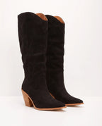 Whitmore Faux Suede Heeled Boots, in black, pair three-quarter view