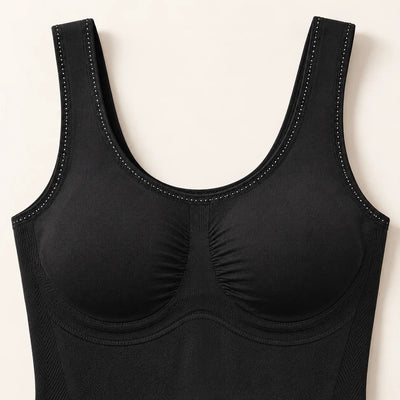 Wide shoulder straps on the black bodysuit