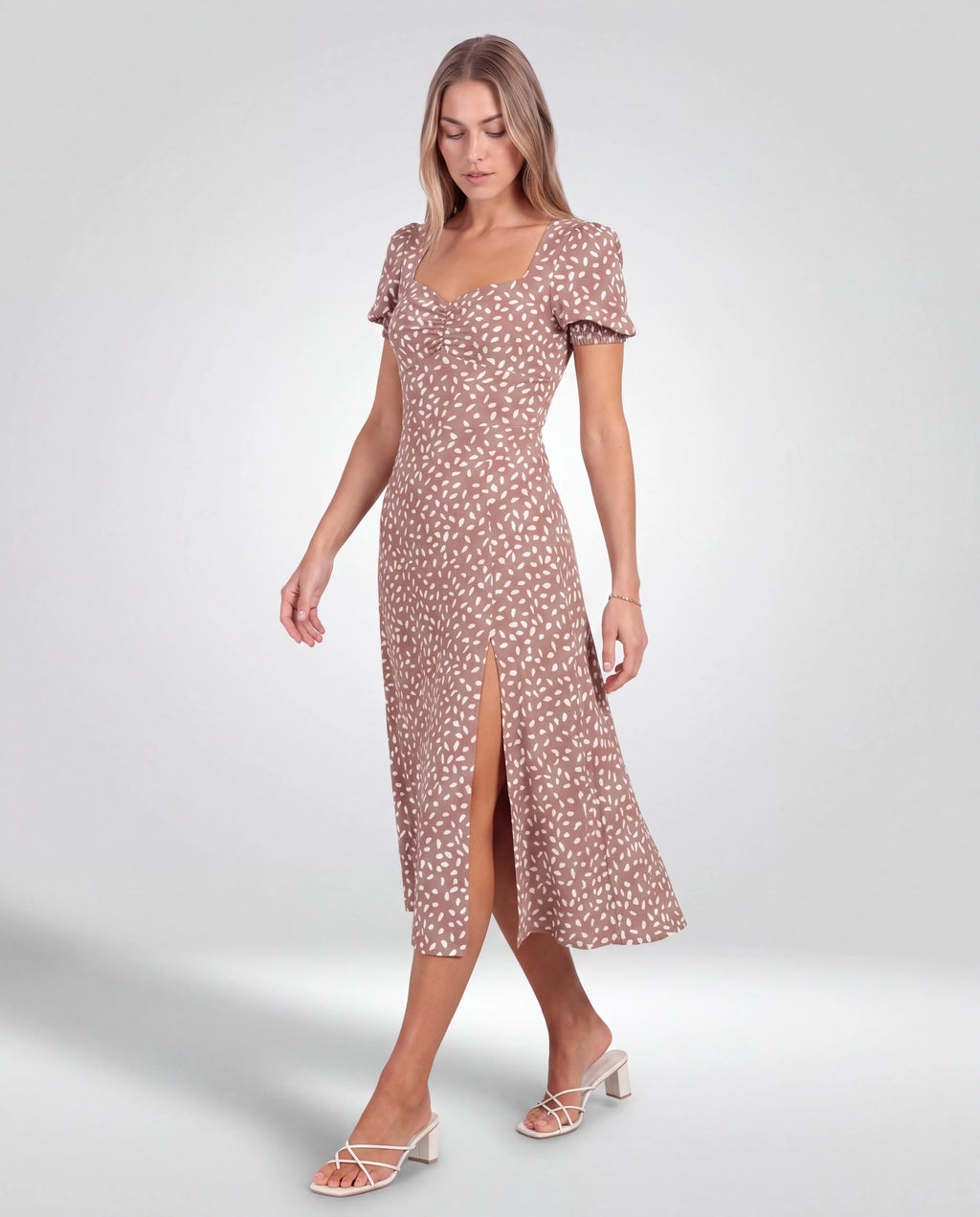 Rosalie Ruched Midi Dress – Mocha, walking three-quarter view