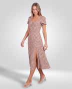 Rosalie Ruched Midi Dress – Mocha, walking three-quarter view