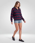 Ellis Striped Quarter-Zip Jumper – Navy & Red, walking three-quarter view