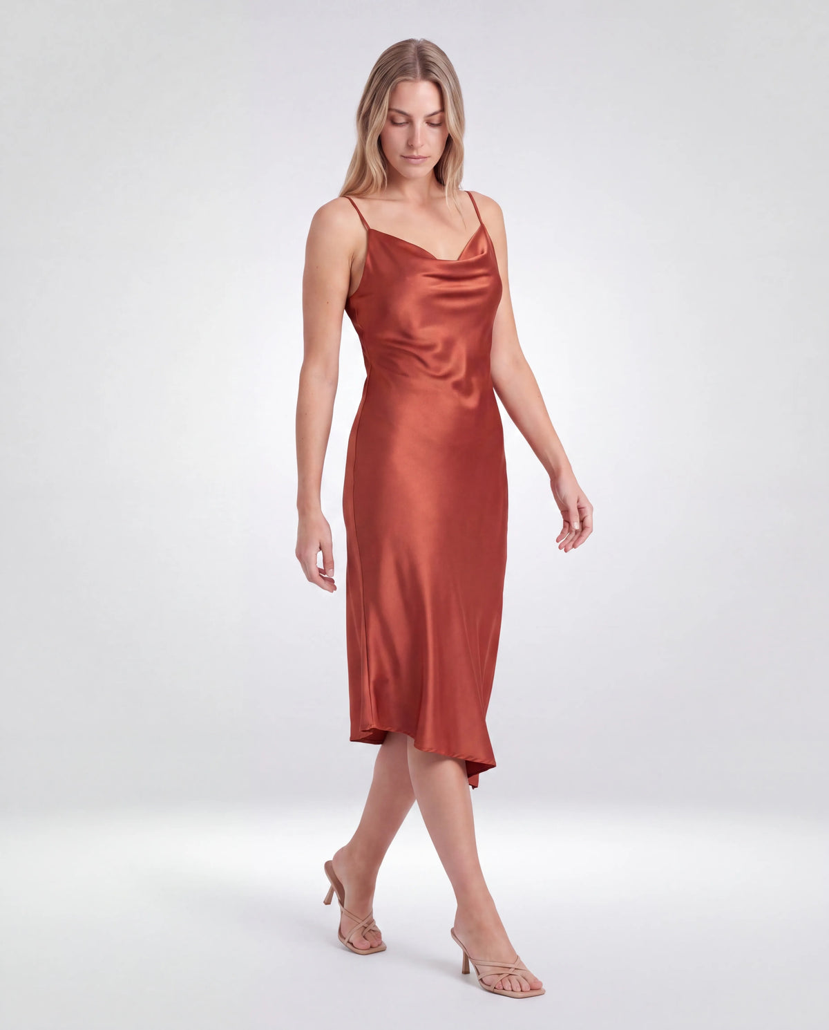 Amara Cowl-Neck Midi Dress – Rust, walking three-quarter view