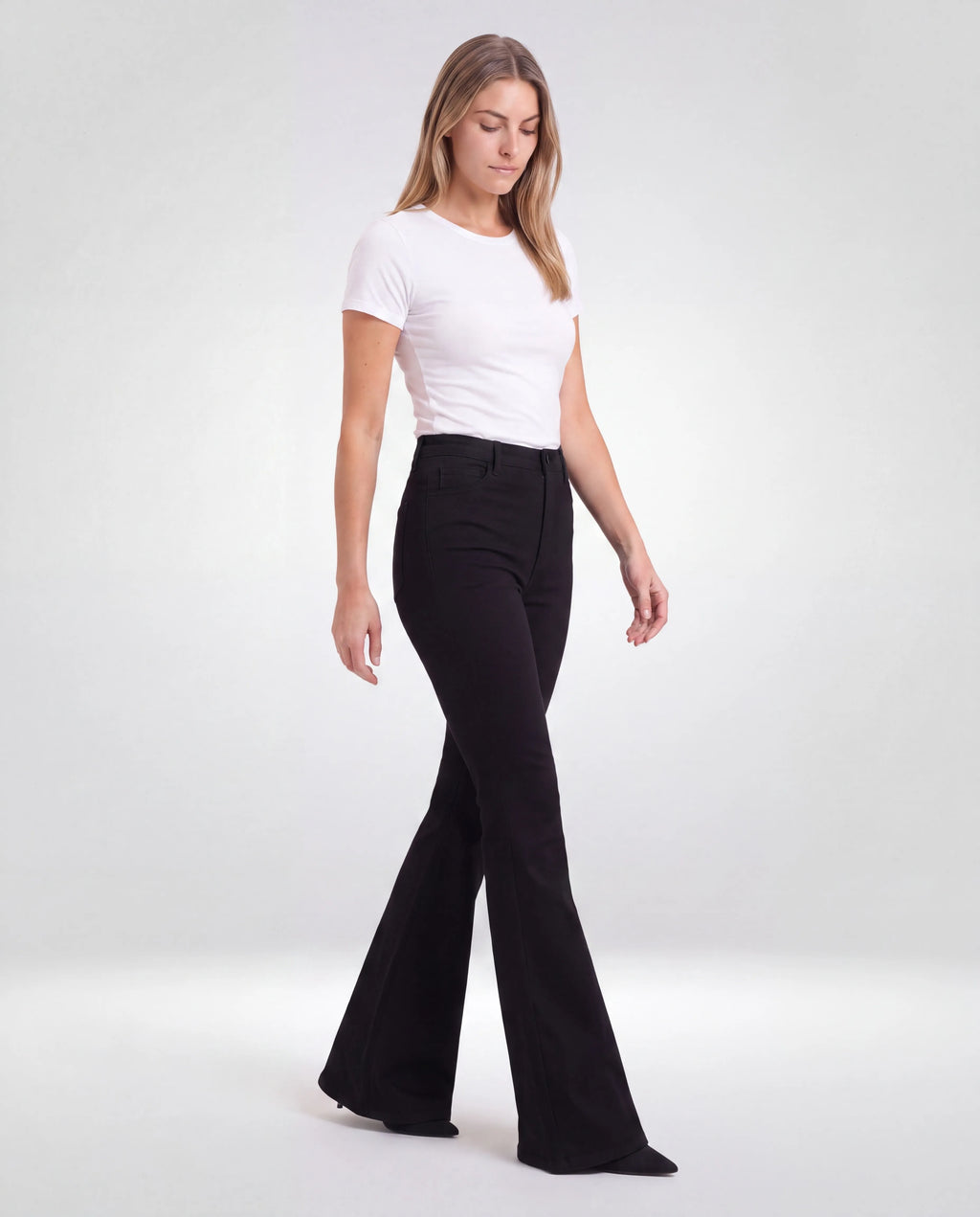 Marlow High-Waisted Flared Jeans – Black, three-quarter view