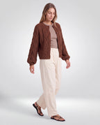 Lennox Cable-Knit Cardigan – Brown, walking three-quarter view