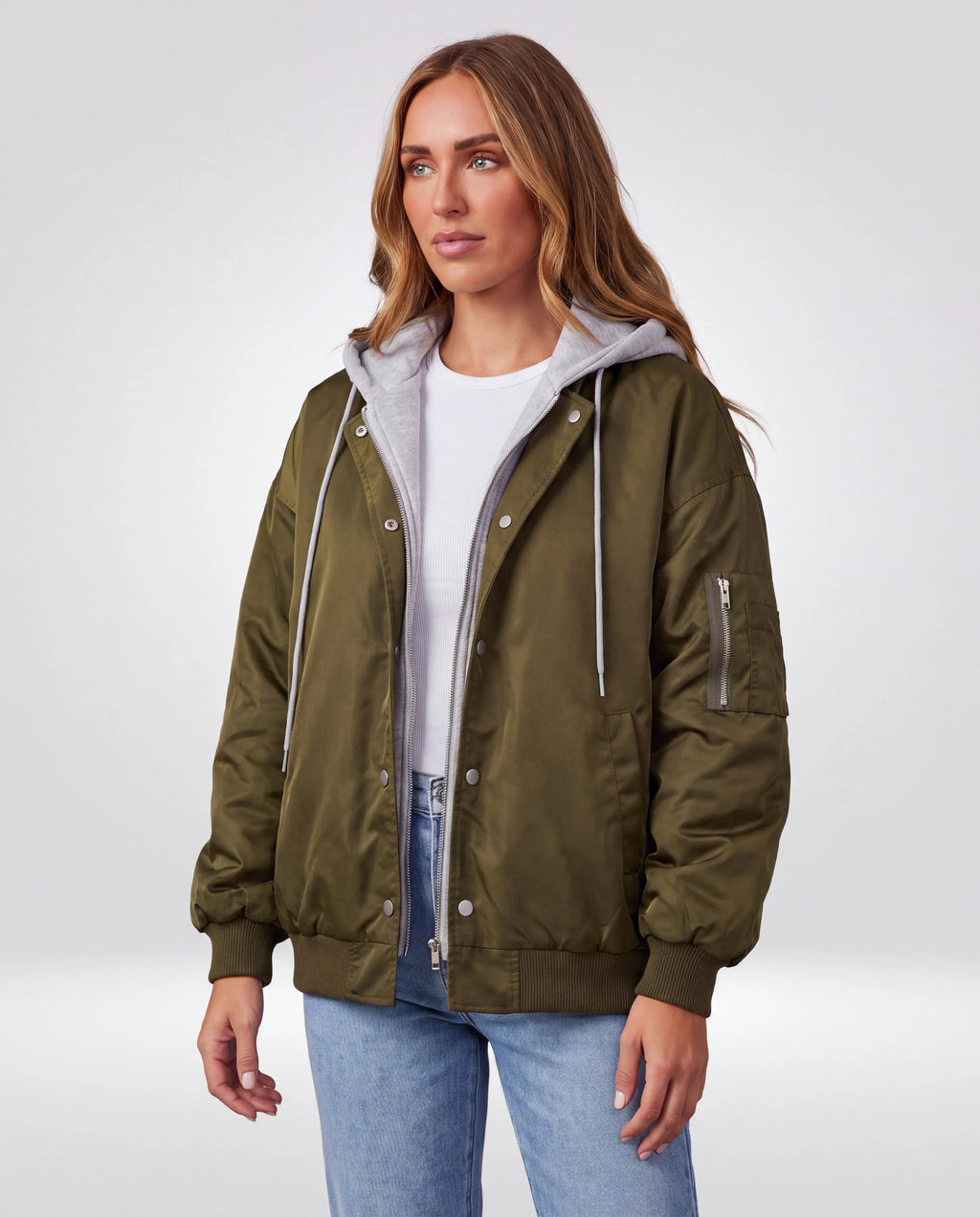 Campus Oversized Hooded Bomber Jacket for Women