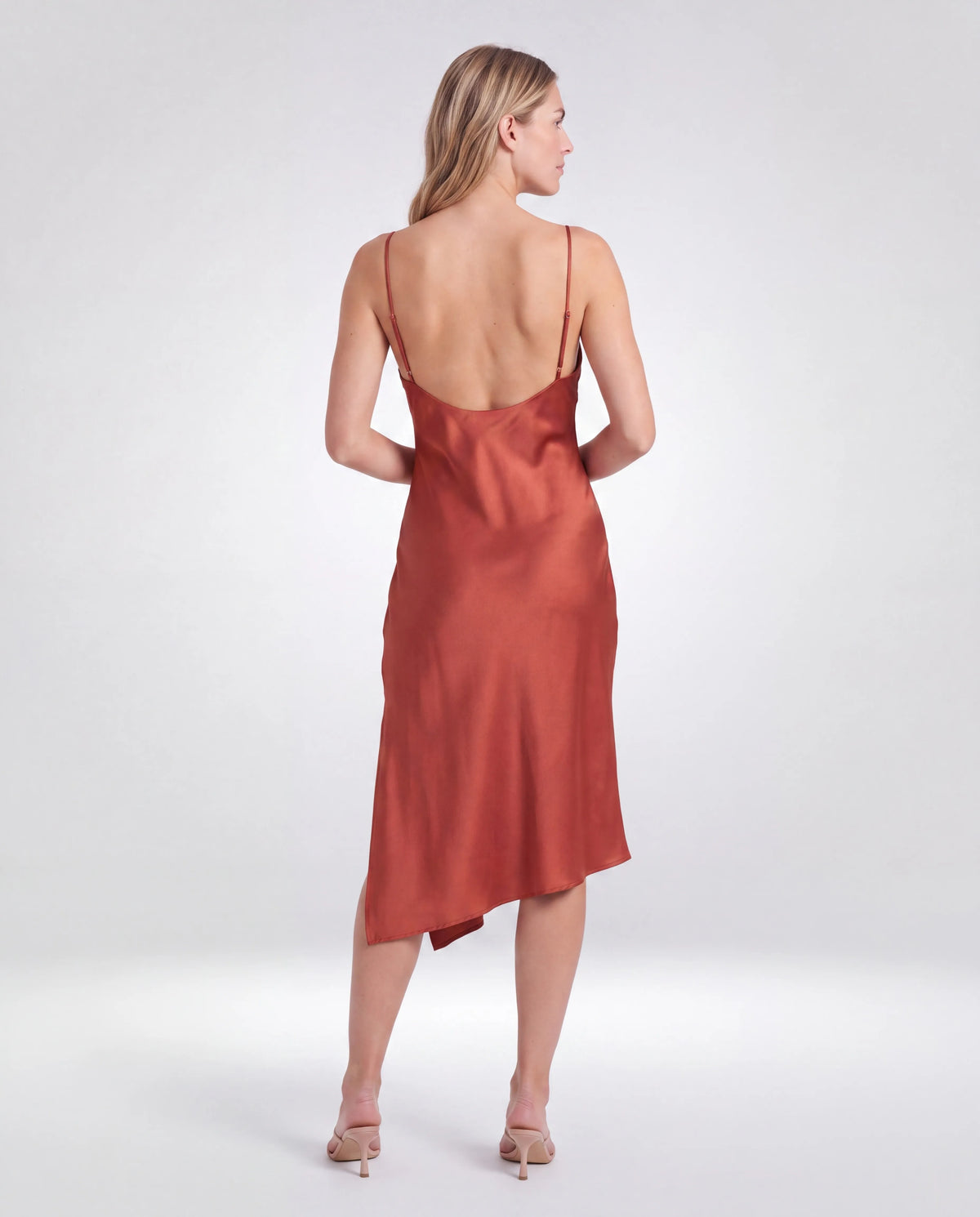 Amara Cowl-Neck Midi Dress – Rust, back view