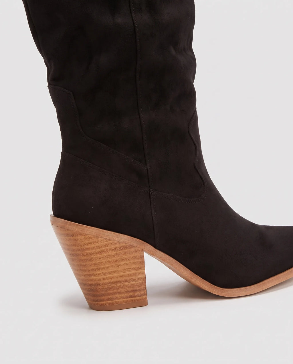 Whitmore Faux Suede Heeled Boots, in black, heel detail