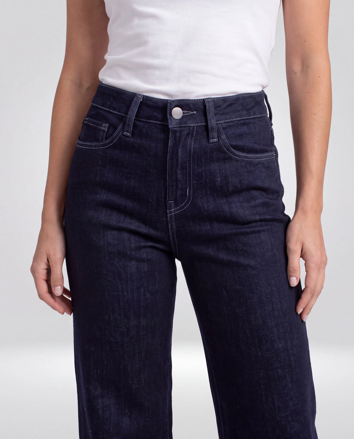 Ainsley High-Rise Wide-Leg Cuffed Jeans – Dark Wash, waist and pocket detail