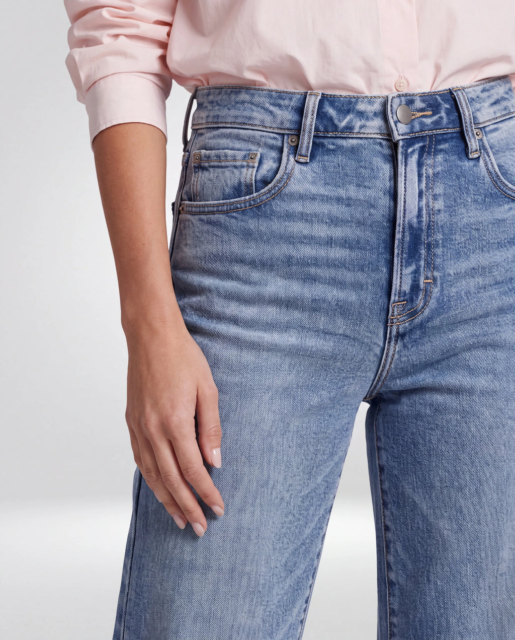 Calder High-Rise Cropped Wide-Leg Jeans, in medium wash, waist and pocket detail