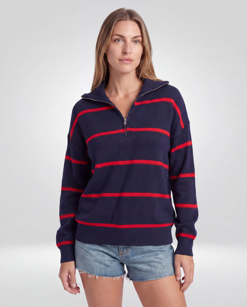 Ellis Striped Quarter-Zip Jumper – Navy & Red, upper-body front view
