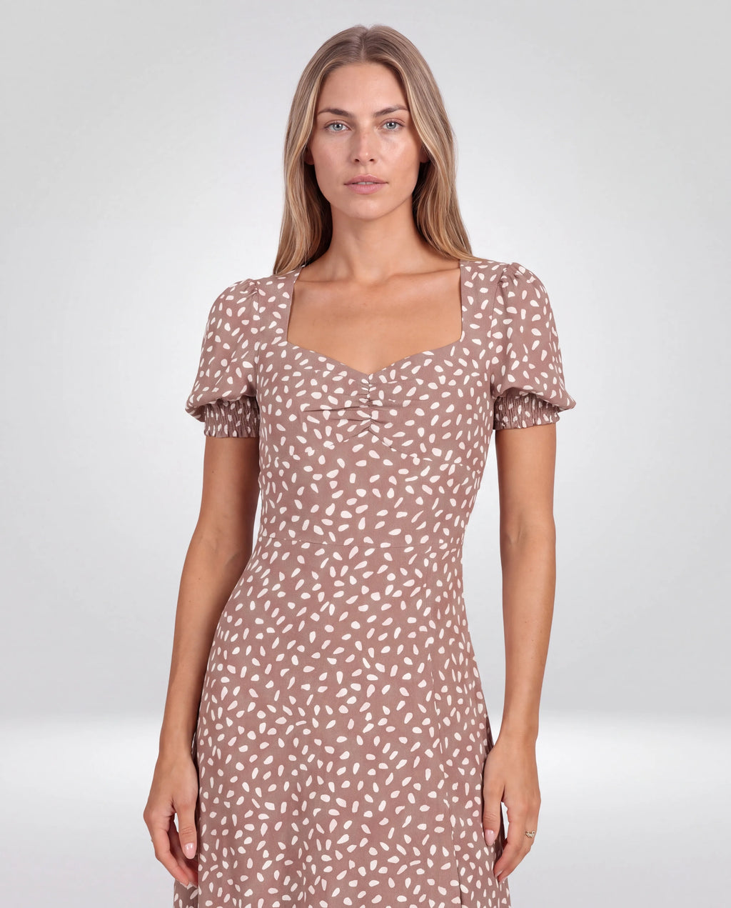 Rosalie Ruched Midi Dress – Mocha, bodice and ruched waist detail