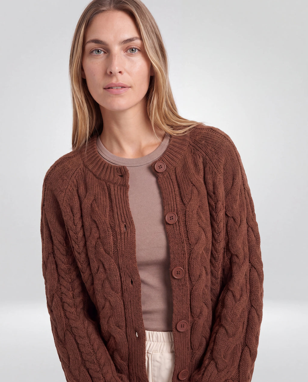 Lennox Cable-Knit Cardigan – Brown, upper-body front view