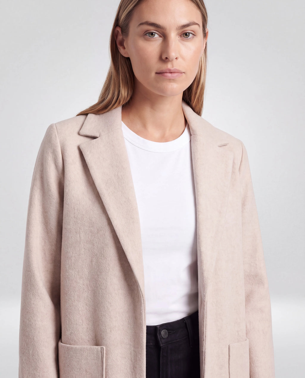 Hadley Coatigan – Oatmeal, lapel and front pocket view