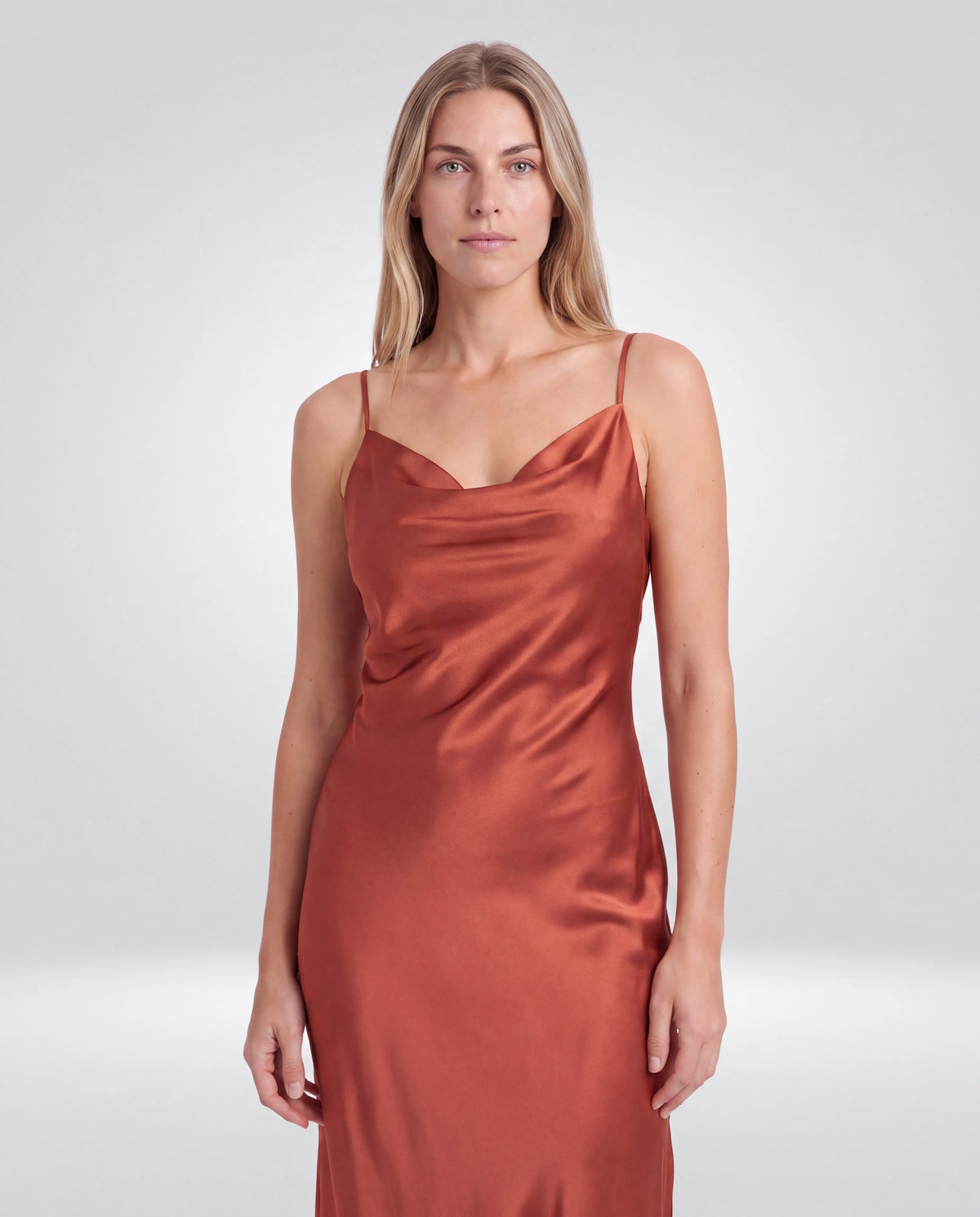 Amara Cowl-Neck Midi Dress – Rust, cowl-neck bodice detail