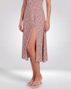 Rosalie Ruched Midi Dress – Mocha, side slit detail