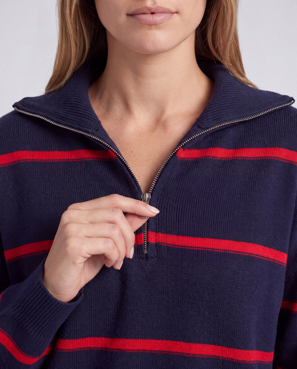 Ellis Striped Quarter-Zip Jumper – Navy & Red, quarter-zip collar detail