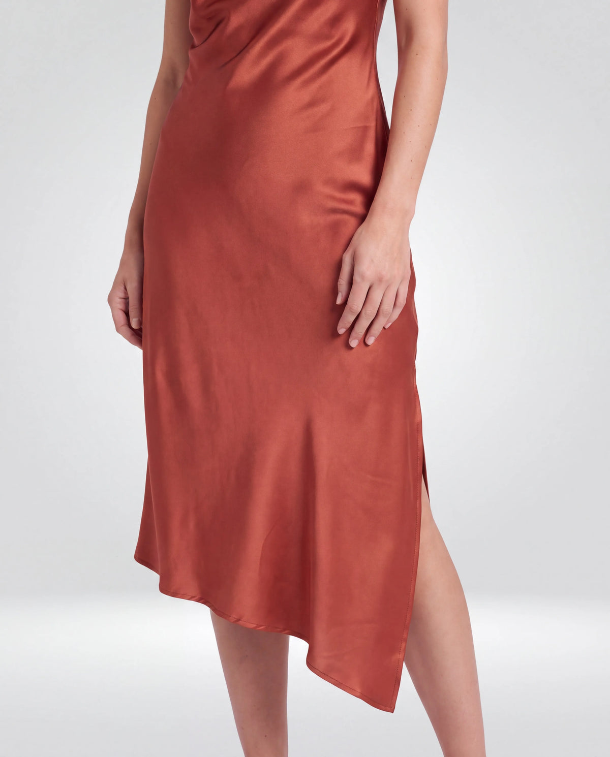 Amara Cowl-Neck Midi Dress – Rust, asymmetric hem detail