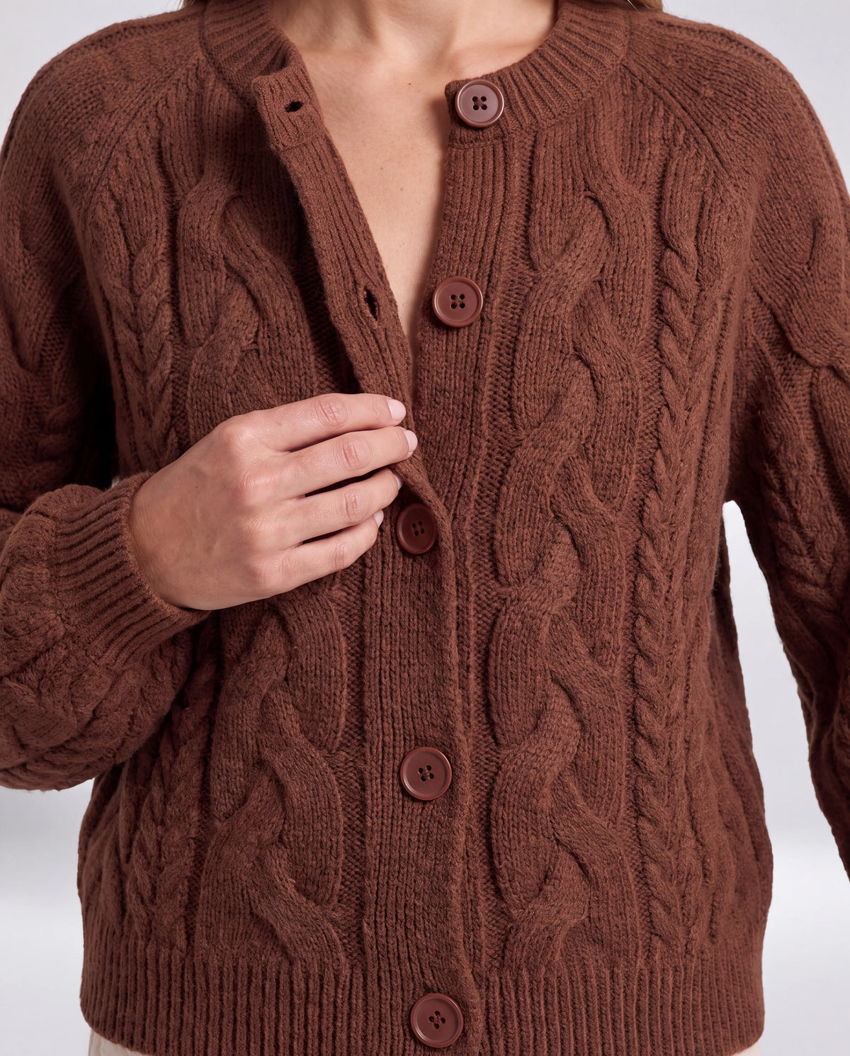 Lennox Cable-Knit Cardigan – Brown, cable-knit and button detail