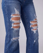 Selene High-Rise Flared Jeans, distressed knee detail