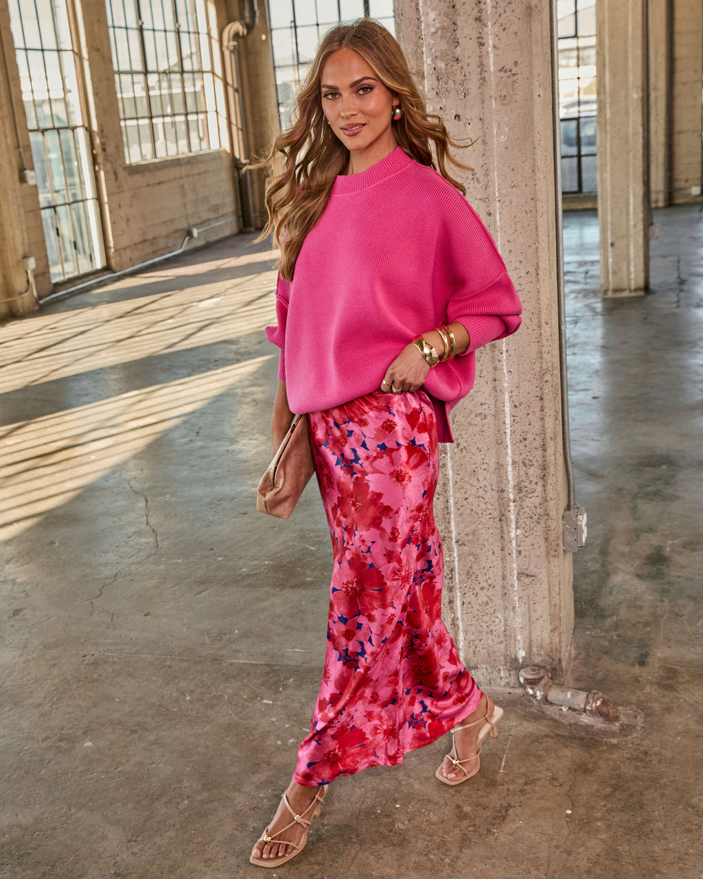 Hot Pink % Elouise Knit Oversized Pullover Sweater-3