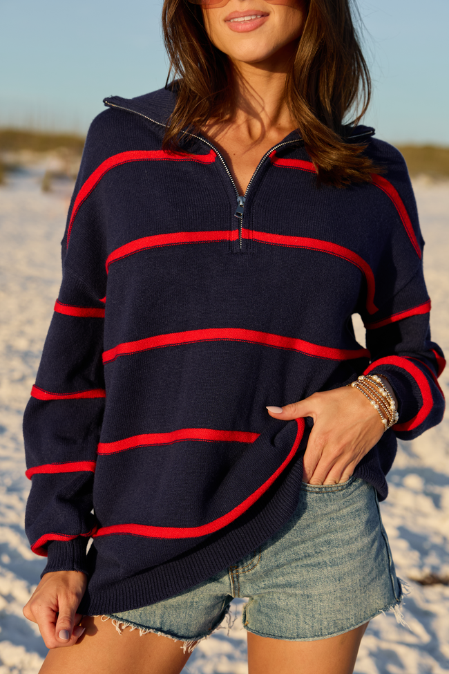 Sunday Stripe Club Navy And Red Quarter Zip