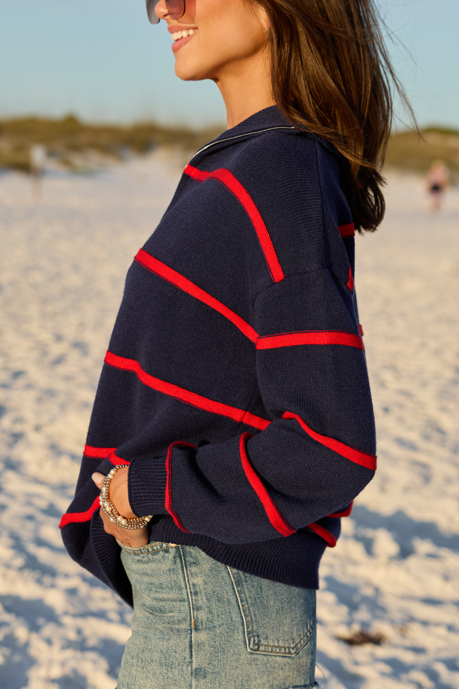 Sunday Stripe Club Navy And Red Quarter Zip