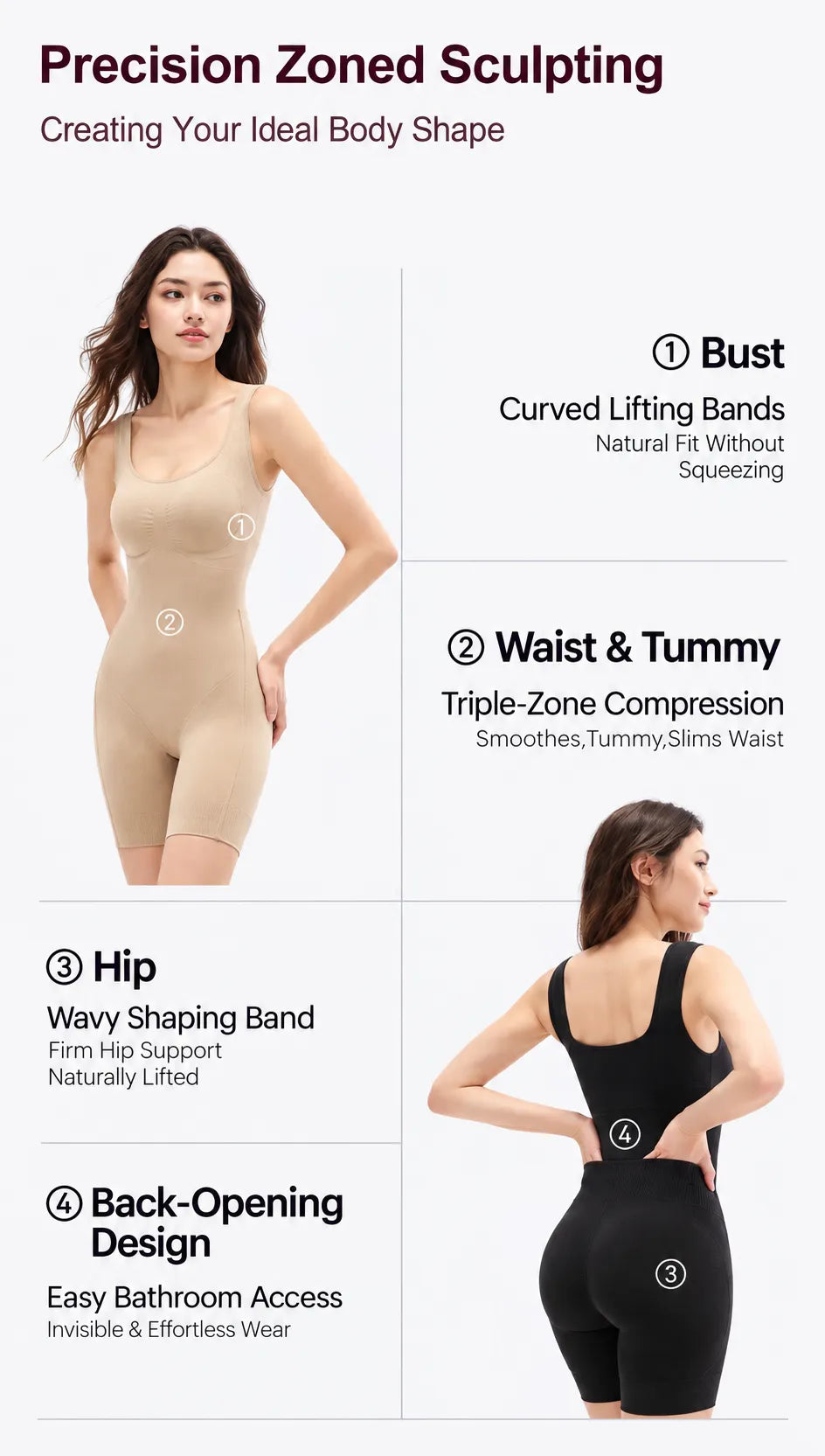 Contoured support construction at the rear of the bodysuit