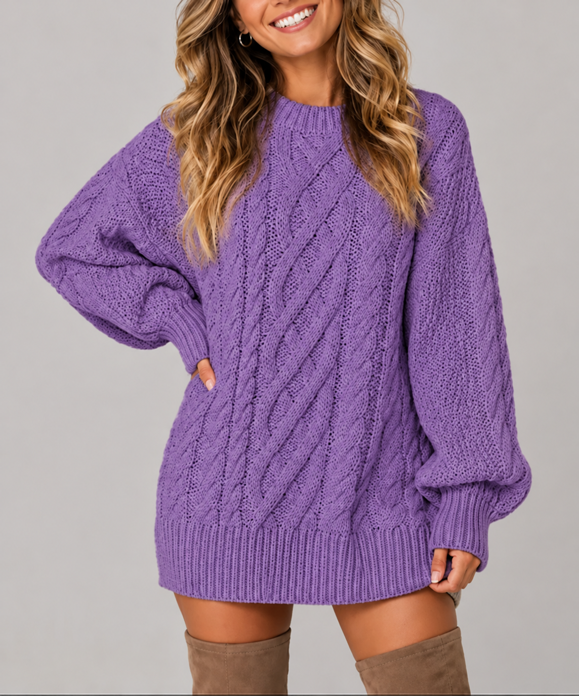 Women's Oversized Cable Knit Jumper Dress for Women with Balloon Long Sleeves – Nora