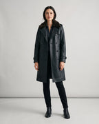 Women's Black Faux Leather Coat with Faux Shearling Collar, Double-Breasted