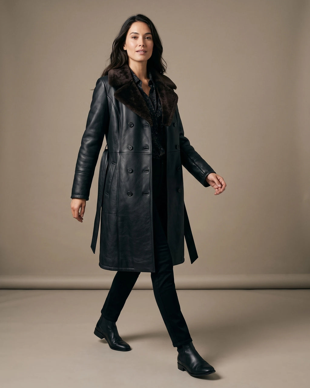 Women's Black Faux Leather Coat with Faux Shearling Collar, Double-Breasted