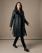 Women's Black Faux Leather Coat with Faux Shearling Collar, Double-Breasted