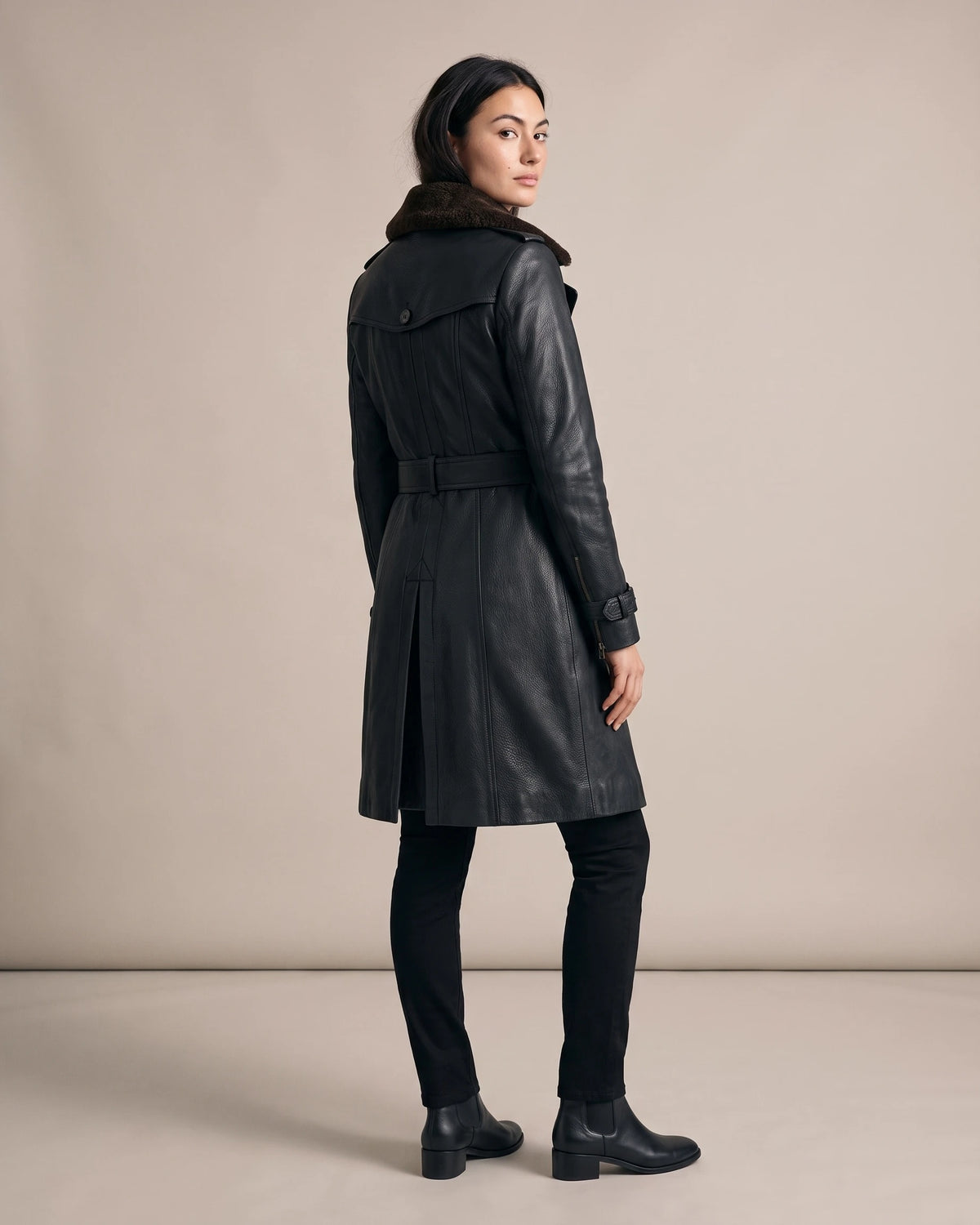 Women's Black Faux Leather Coat with Faux Shearling Collar, Double-Breasted