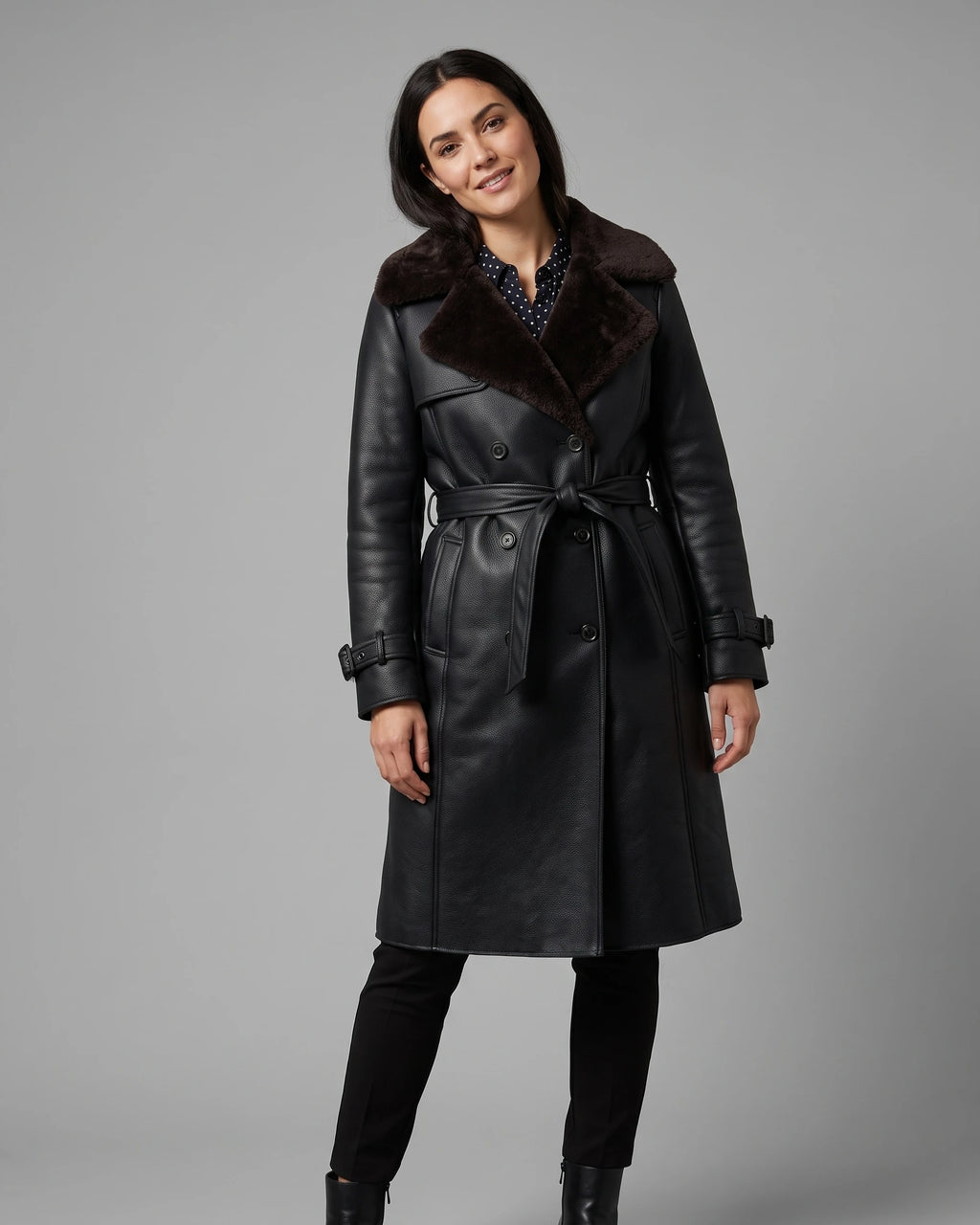 Women's Black Faux Leather Coat with Faux Shearling Collar, Double-Breasted