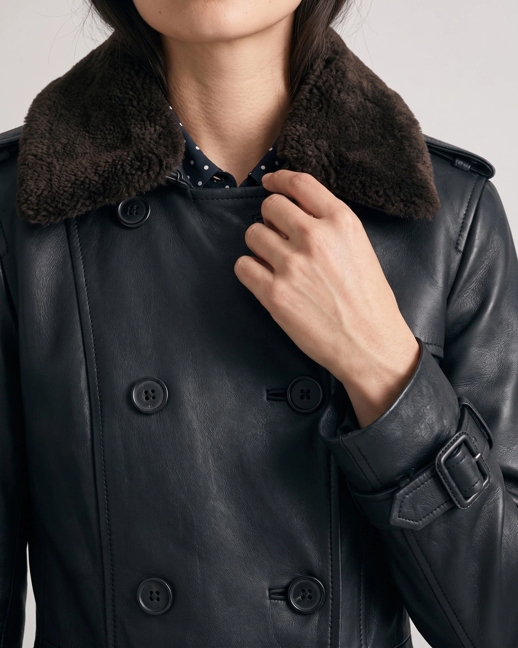 Women's Black Faux Leather Coat with Faux Shearling Collar, Double-Breasted