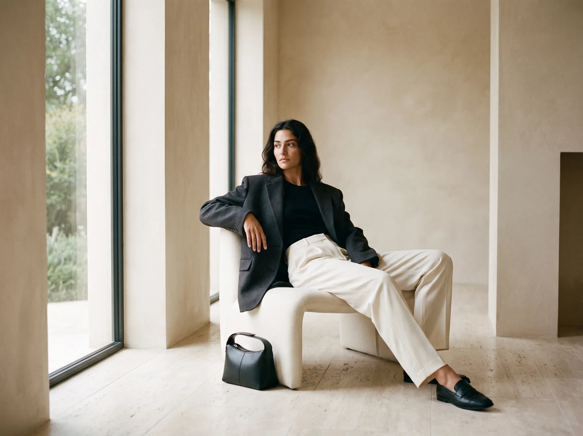 Ruebloom editorial woman in a cream knit and dark chocolate skirt on an interior staircase