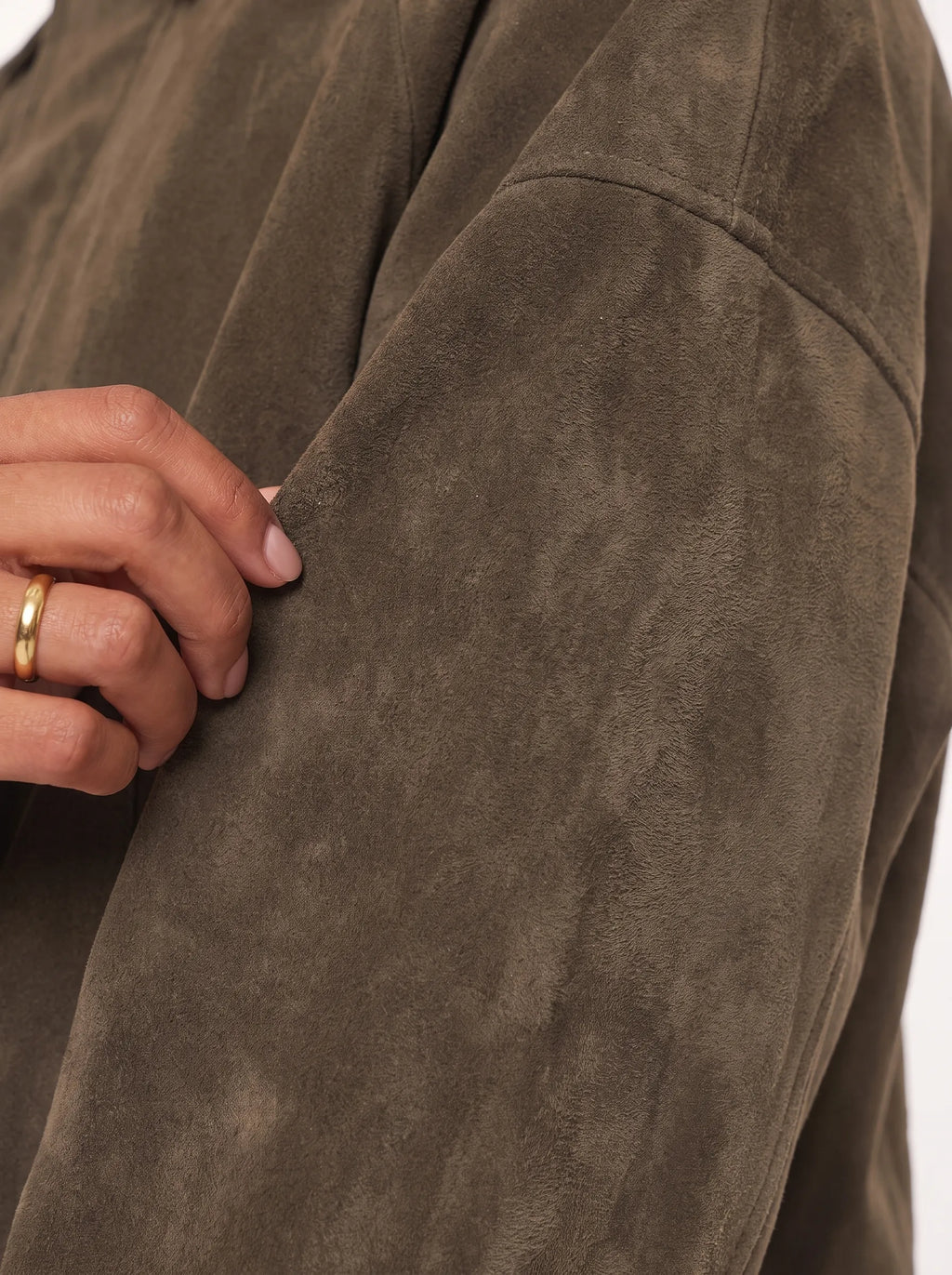 Sloane Faux Suede Bomber Jacket – Olive, sleeve and fabric detail