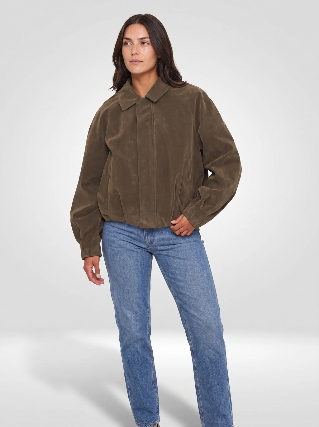Sloane Faux Suede Bomber Jacket – Olive, front view with jacket closed