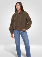 Sloane Faux Suede Bomber Jacket – Olive, front view with jacket closed